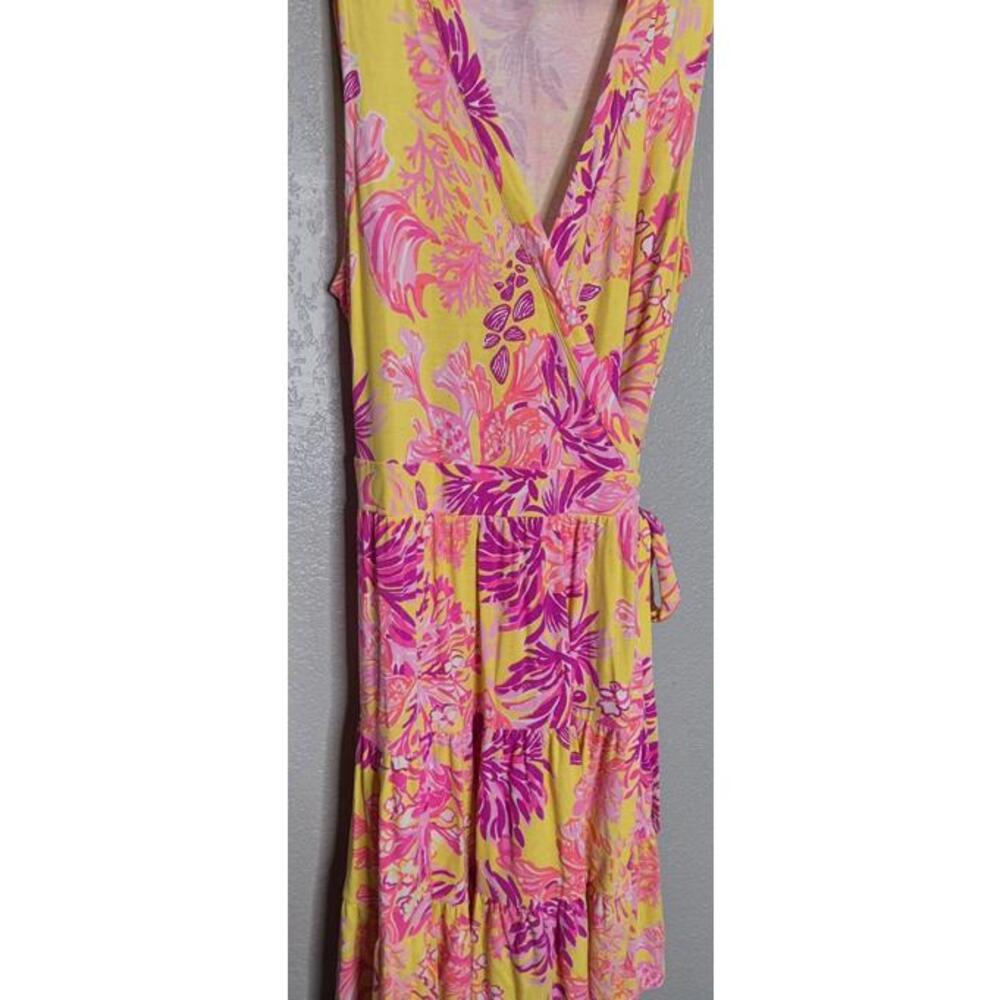 Lilly Pulitzer Folly Floral Wrap Dress Calla Yellow Floral Coral Medium - Picture 4 of 8